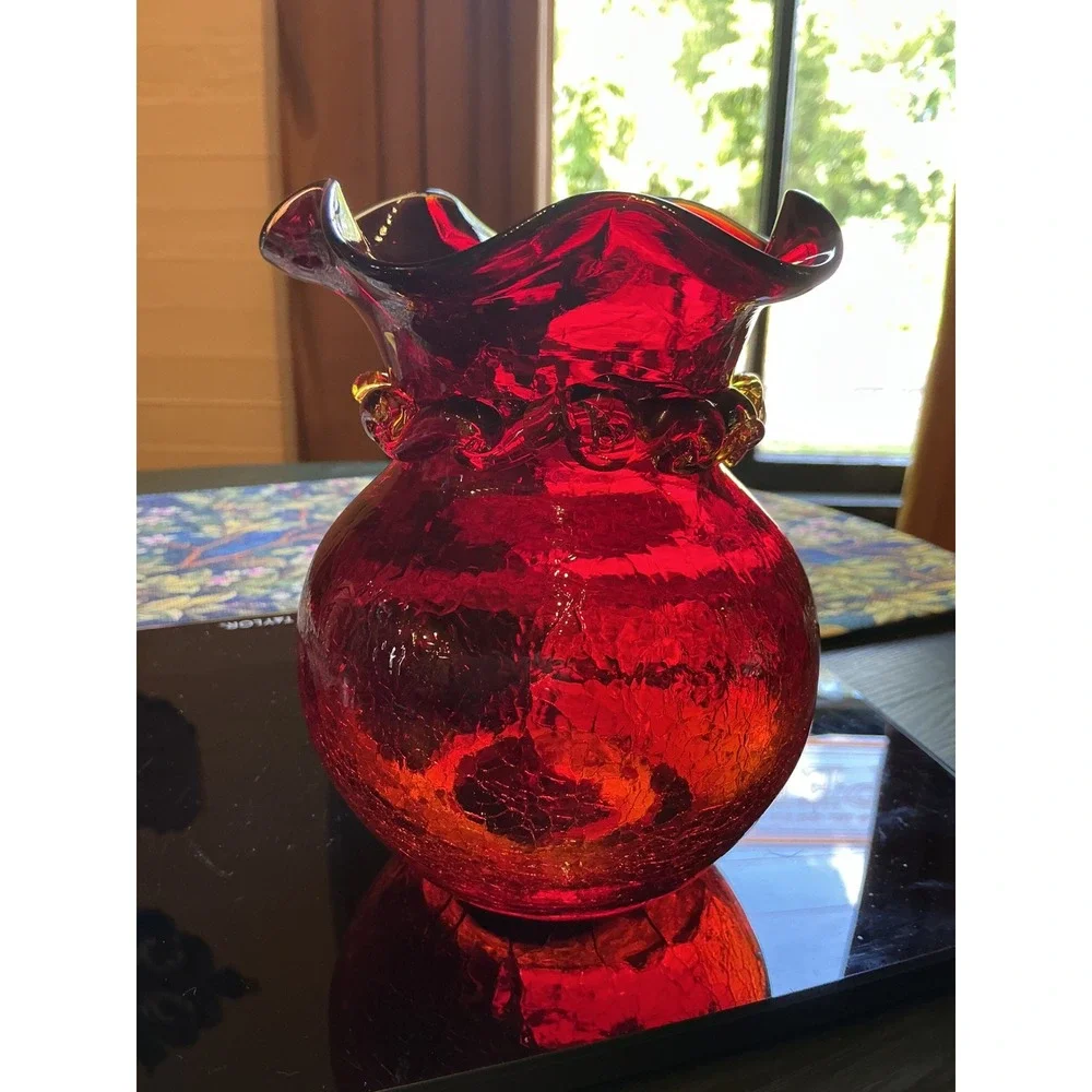 Vintage MCM Amberina Red Crackle Glass 6